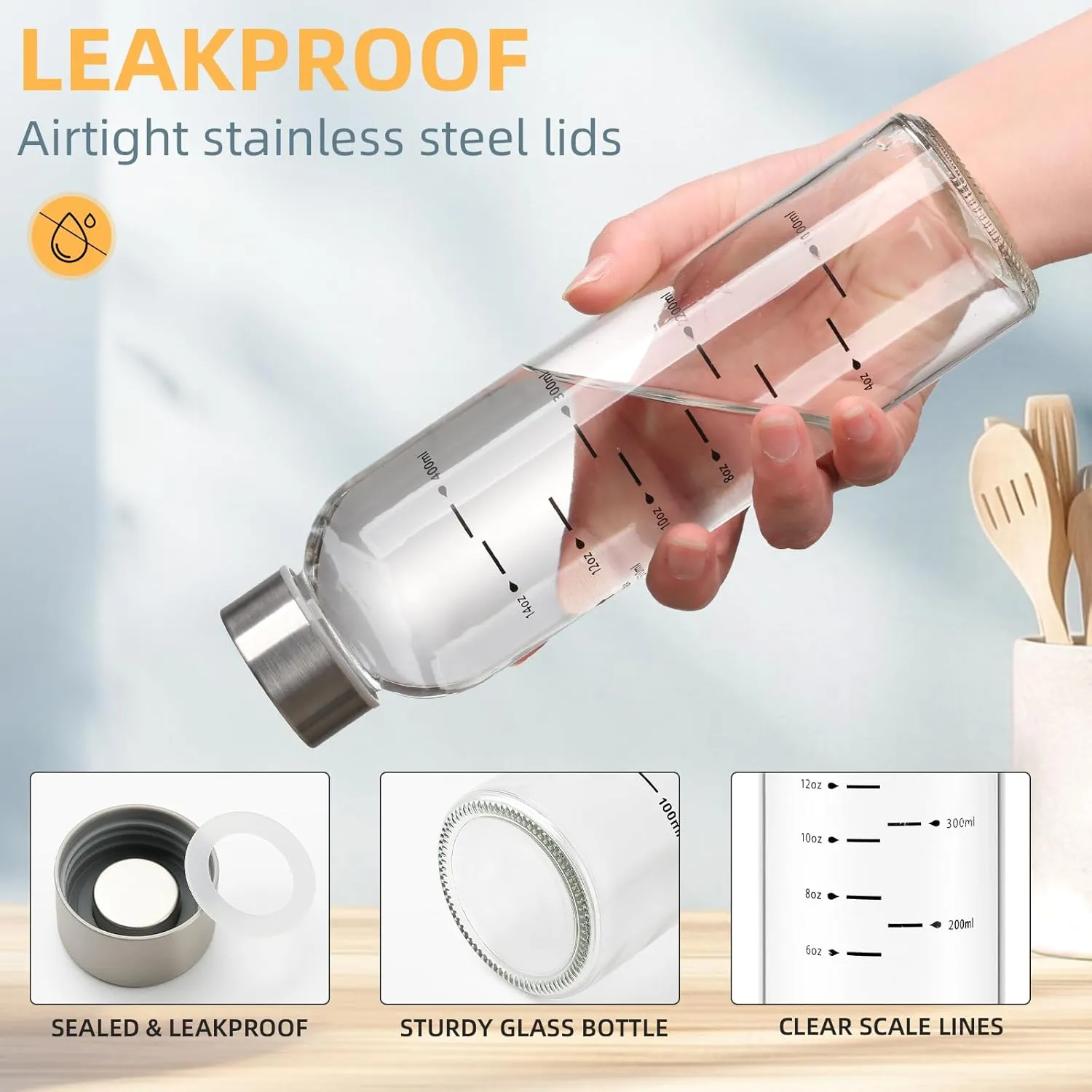Glass Water Bottles with Lids 17 oz, Clear Juice Bottles With Stainless Steel Cap, Reusable Glass Drinking Bottle for Juicing, Refrigerator,100% Leak Proof, BPA Free