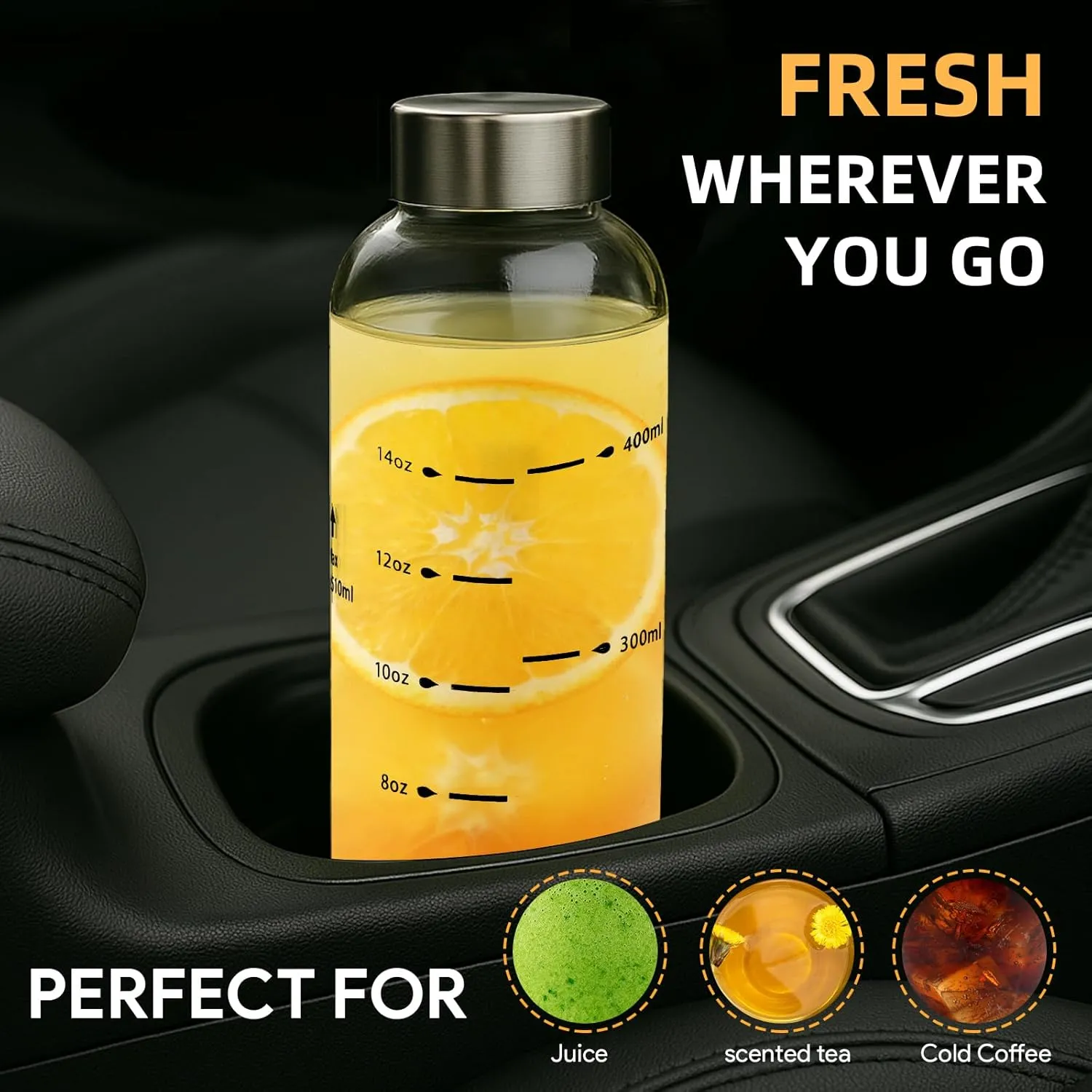 Glass Water Bottles with Lids 17 oz, Clear Juice Bottles With Stainless Steel Cap, Reusable Glass Drinking Bottle for Juicing, Refrigerator,100% Leak Proof, BPA Free
