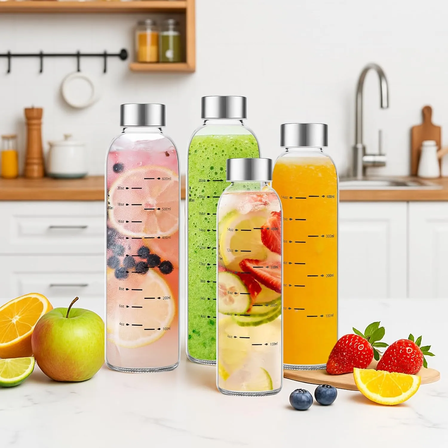 Glass Water Bottles with Lids 17 oz, Clear Juice Bottles With Stainless Steel Cap, Reusable Glass Drinking Bottle for Juicing, Refrigerator,100% Leak Proof, BPA Free