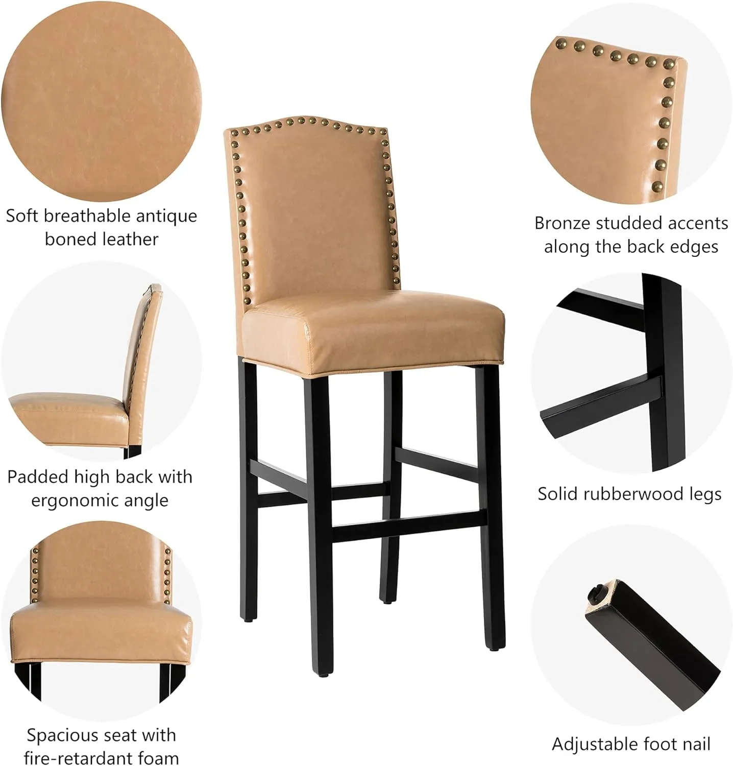 Glitzhome 45" H Bar Stools, Set of 2 Leatherette Bar Chair with Padded Upholstered Seat and Nail Head Studded, Solid Rubberwood Legs for Kitchen Dining Room Side Chairs, Beige