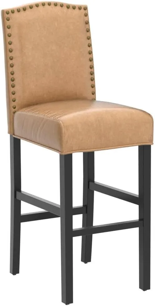 Glitzhome 45" H Bar Stools, Set of 2 Leatherette Bar Chair with Padded Upholstered Seat and Nail Head Studded, Solid Rubberwood Legs for Kitchen Dining Room Side Chairs, Beige