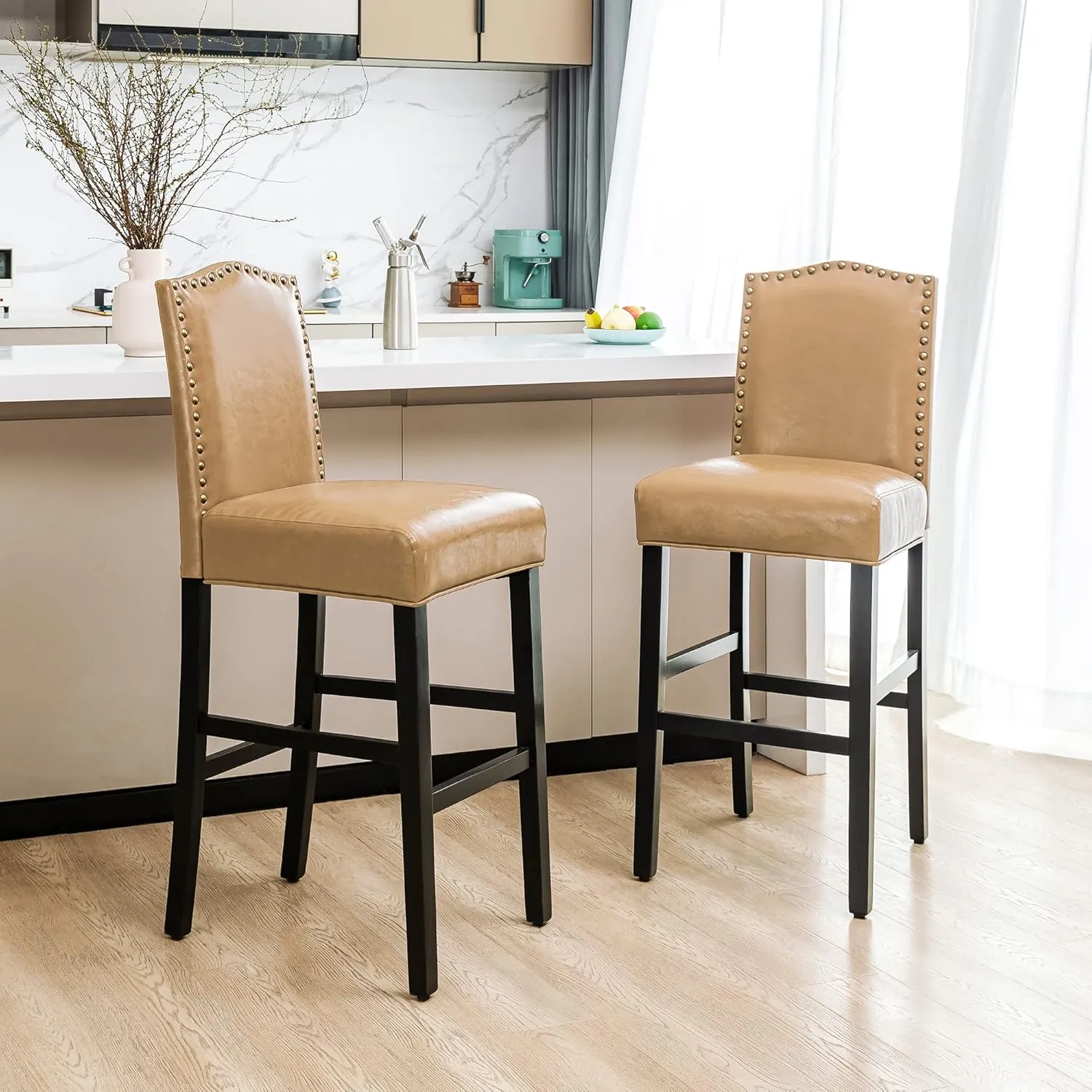 Glitzhome 45" H Bar Stools, Set of 2 Leatherette Bar Chair with Padded Upholstered Seat and Nail Head Studded, Solid Rubberwood Legs for Kitchen Dining Room Side Chairs, Beige