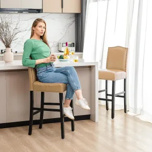 Glitzhome 45" H Bar Stools, Set of 2 Leatherette Bar Chair with Padded Upholstered Seat and Nail Head Studded, Solid Rubberwood Legs for Kitchen Dining Room Side Chairs, Beige