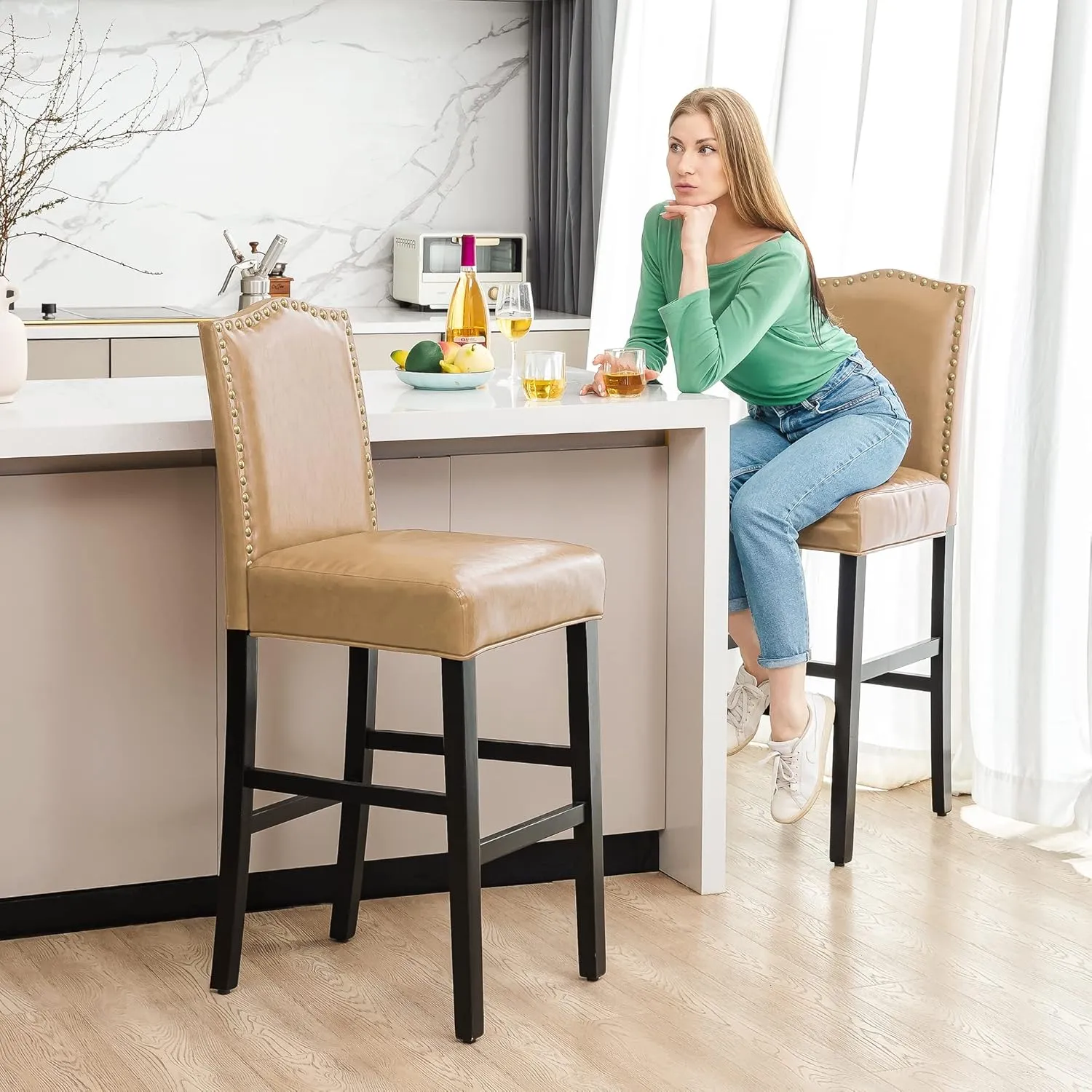 Glitzhome 45" H Bar Stools, Set of 2 Leatherette Bar Chair with Padded Upholstered Seat and Nail Head Studded, Solid Rubberwood Legs for Kitchen Dining Room Side Chairs, Beige