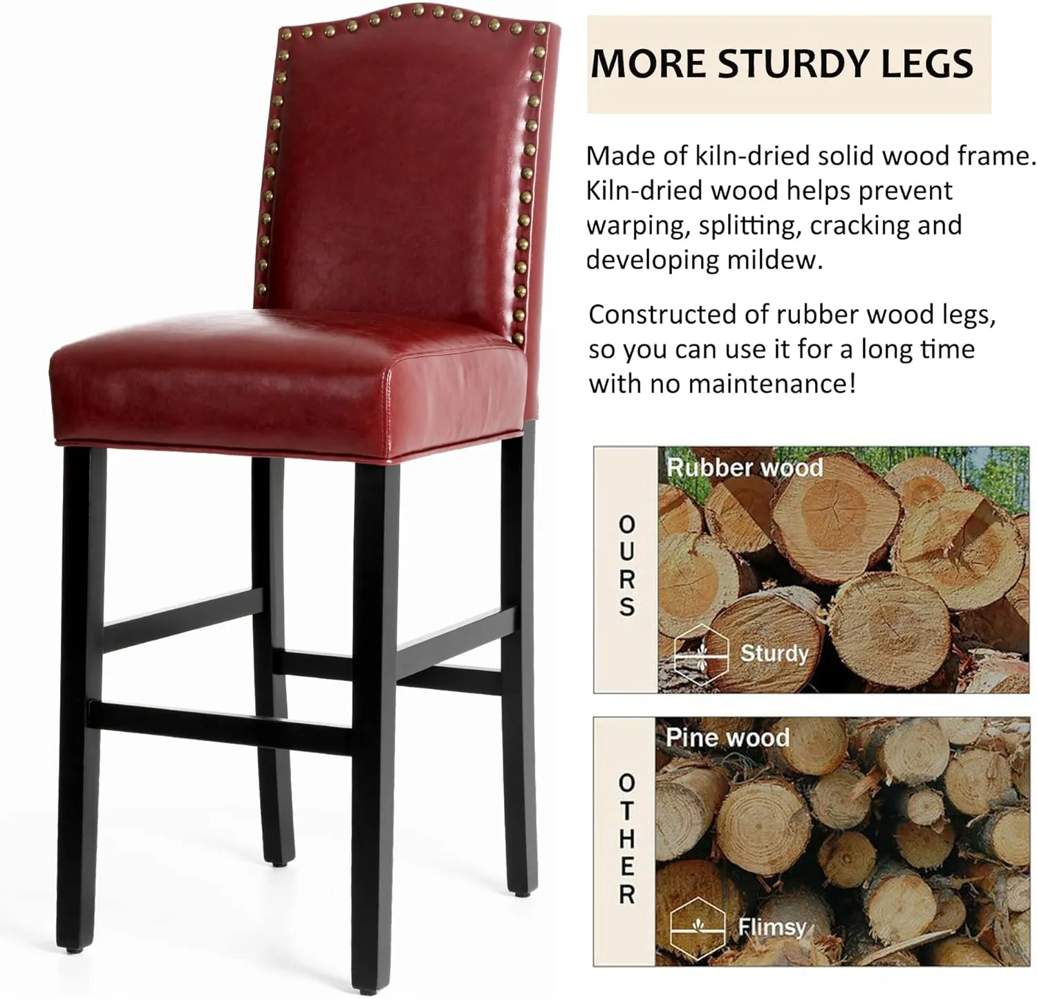 Glitzhome 45" H Bar Stools, Set of 2 Leatherette Bar Chair with Padded Upholstered Seat and Nail Head Studded, Solid Rubberwood Legs for Kitchen Dining Room Side Chairs, Red