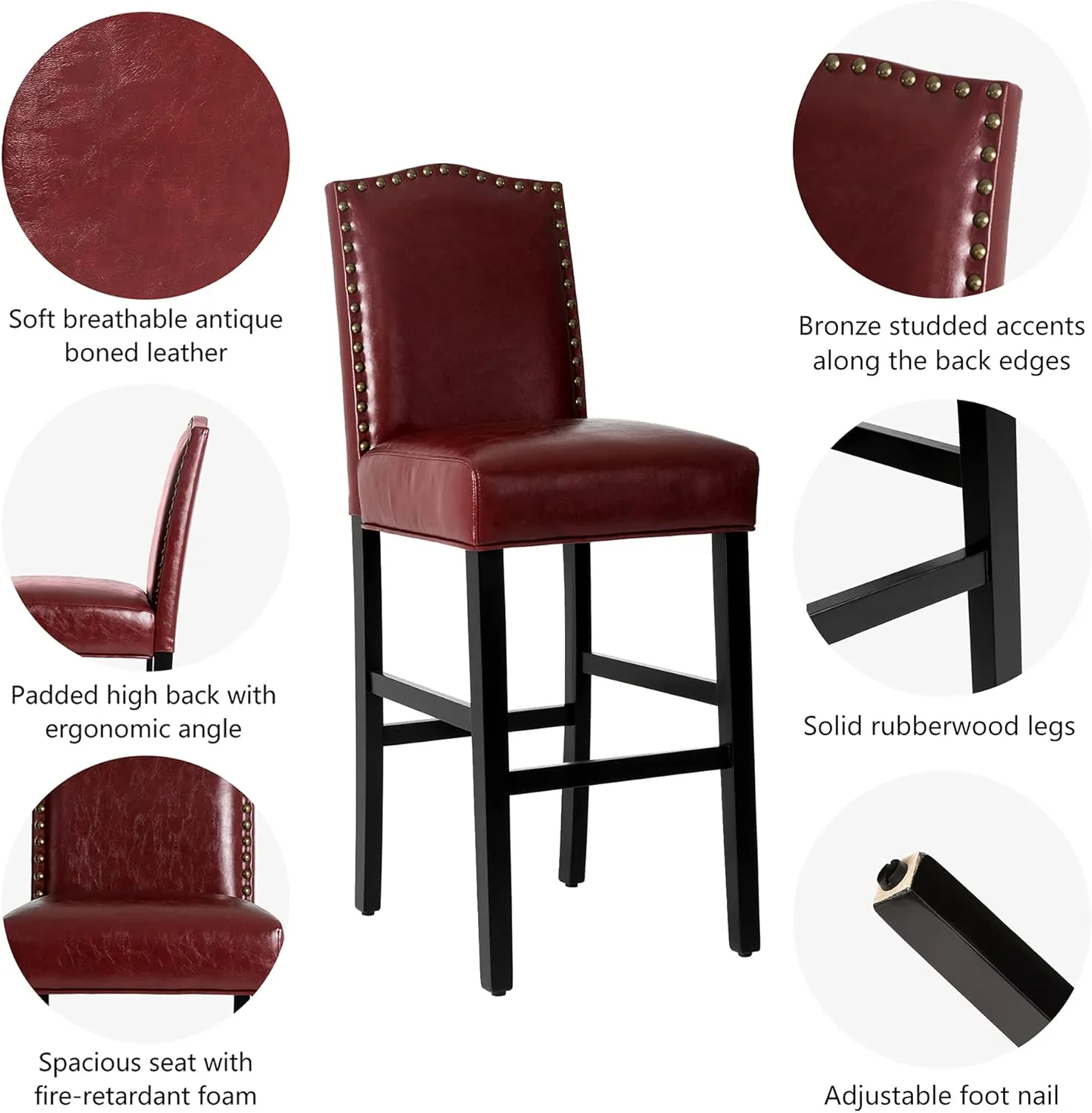 Glitzhome 45" H Bar Stools, Set of 2 Leatherette Bar Chair with Padded Upholstered Seat and Nail Head Studded, Solid Rubberwood Legs for Kitchen Dining Room Side Chairs, Red