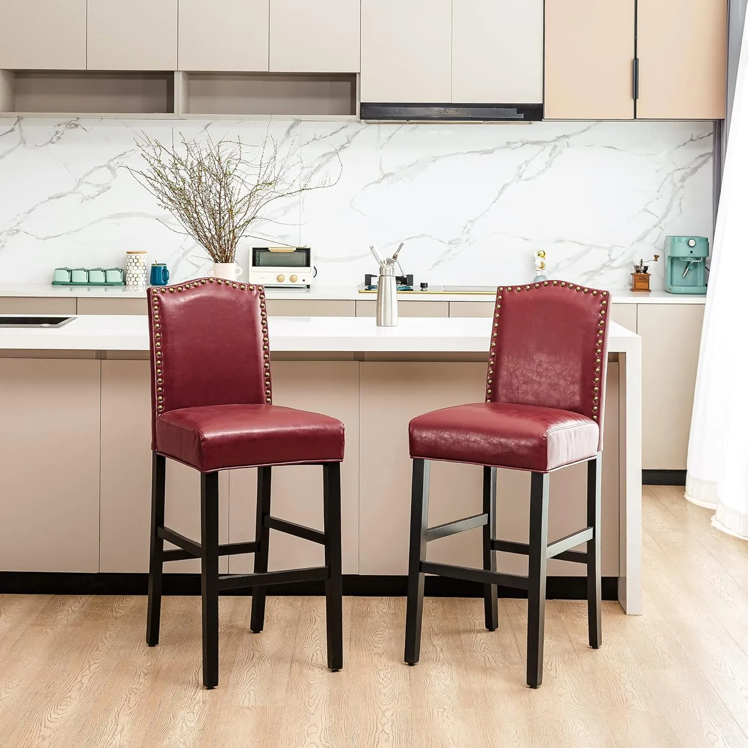 Glitzhome 45" H Bar Stools, Set of 2 Leatherette Bar Chair with Padded Upholstered Seat and Nail Head Studded, Solid Rubberwood Legs for Kitchen Dining Room Side Chairs, Red
