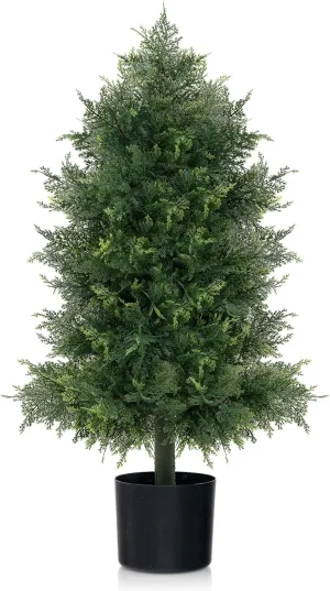 GOFLAME 31.5" Artificial Cedar Topiary Tree, Faux Cypress Tree with Realistic PE Leaves, Cement Filled Base, Sturdy Trunk, Lush Mosses, Potted Fake Shrub Evergreen Plant for Home, Porch