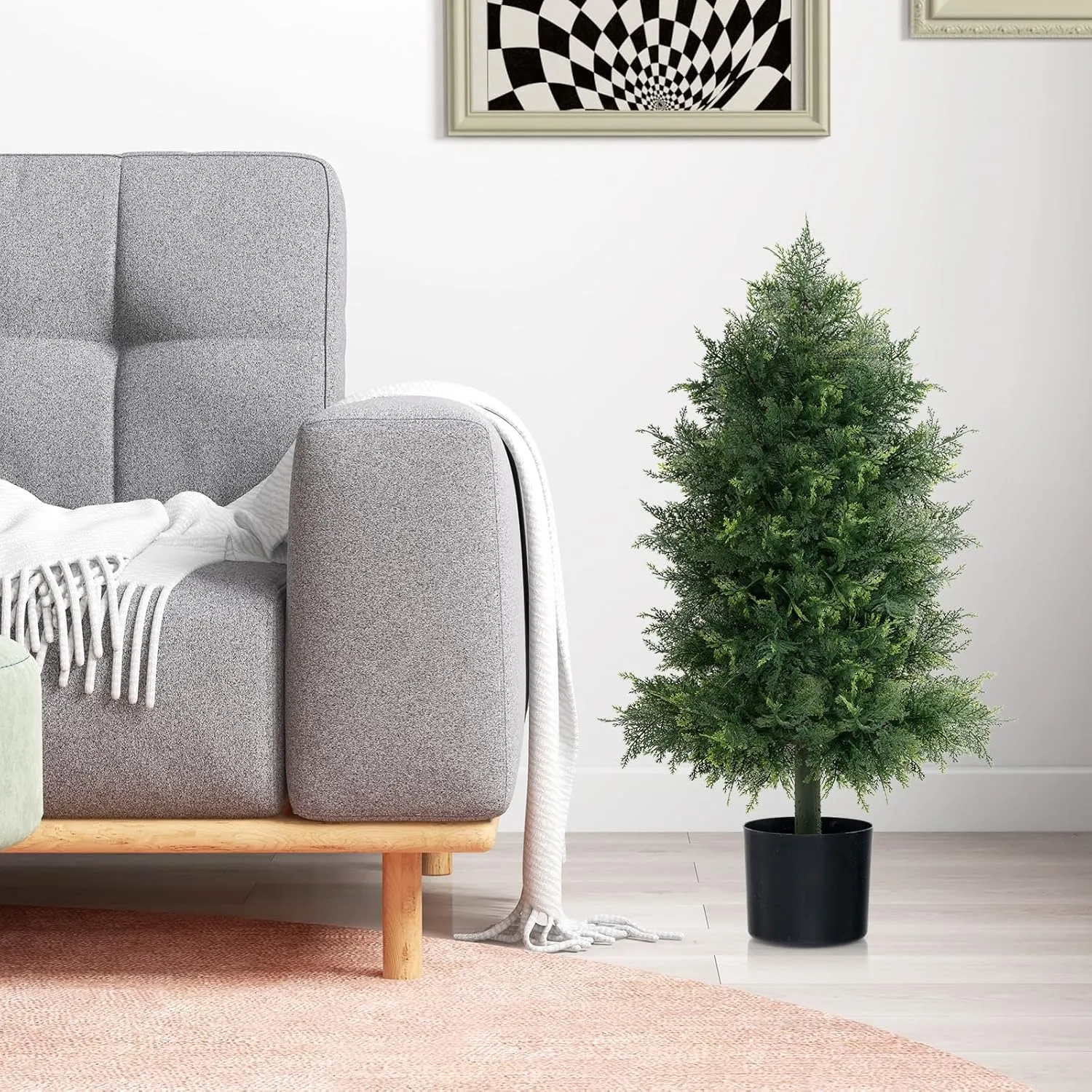 GOFLAME 31.5" Artificial Cedar Topiary Tree, Faux Cypress Tree with Realistic PE Leaves, Cement Filled Base, Sturdy Trunk, Lush Mosses, Potted Fake Shrub Evergreen Plant for Home, Porch