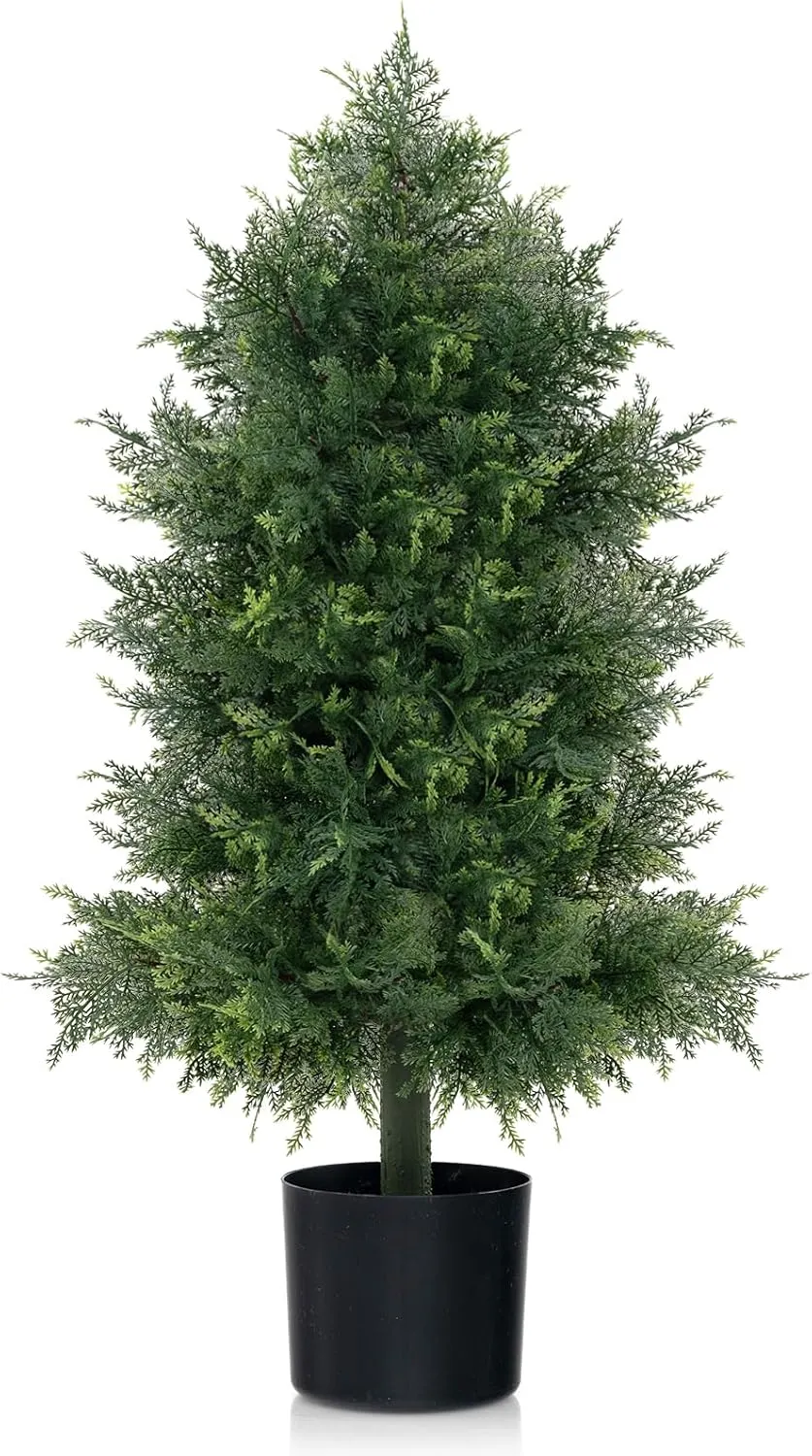 GOFLAME 31.5" Artificial Cedar Topiary Tree, Faux Cypress Tree with Realistic PE Leaves, Cement Filled Base, Sturdy Trunk, Lush Mosses, Potted Fake Shrub Evergreen Plant for Home, Porch