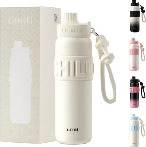 GOOM Chill 24 oz Insulated Water Bottle, 18/10 Stainless Steel Waterbottle with Straw and Straw Cap, Leak Proof Water Bottles for Men, Women, Gifts for Mom, Him, Her—White