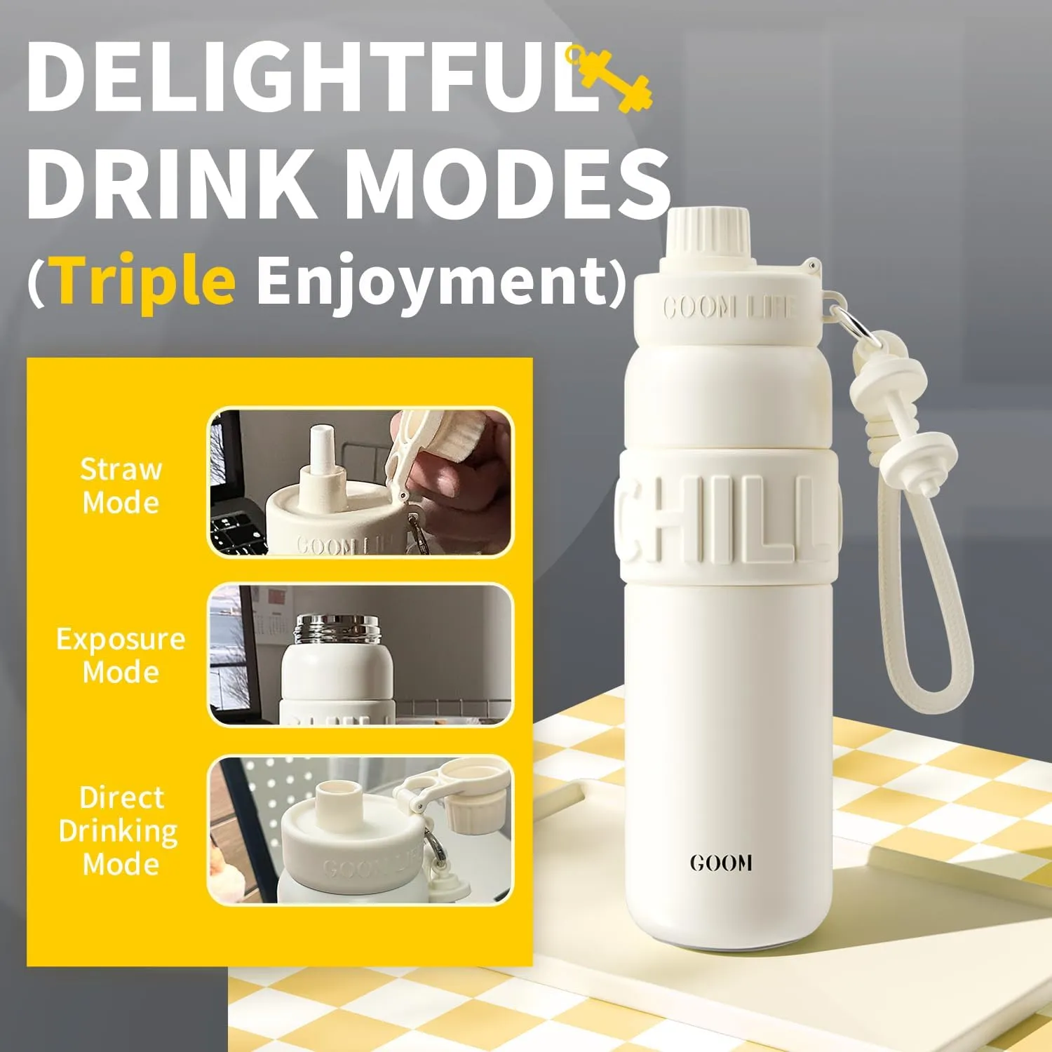 GOOM Chill 24 oz Insulated Water Bottle, 18/10 Stainless Steel Waterbottle with Straw and Straw Cap, Leak Proof Water Bottles for Men, Women, Gifts for Mom, Him, Her—White