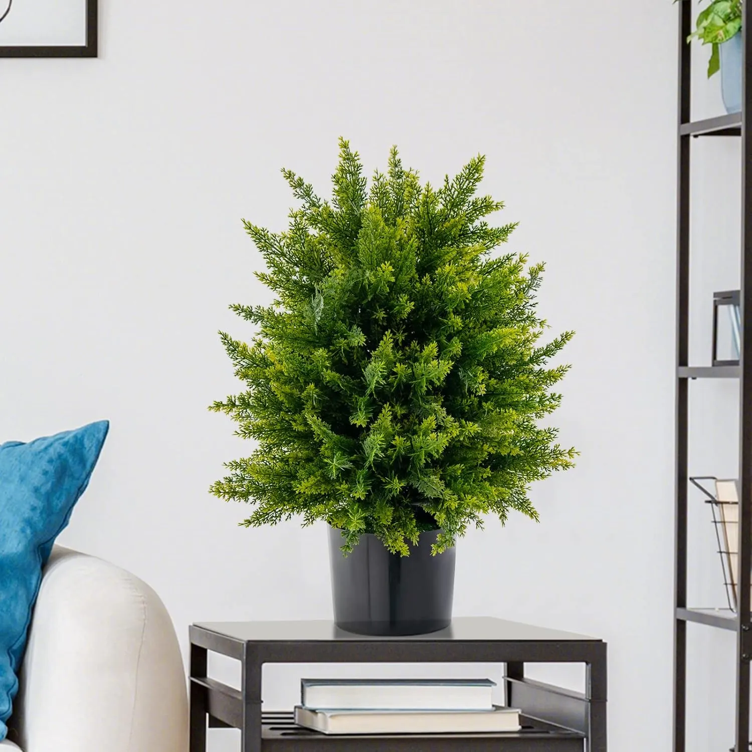 Goplus 21.5” Artificial Cedar Topiary Ball Tree, Set of 2 Faux Potted Plants Artificial Shrubs Bushes with Cement Pot, Fake Evergreen Artificial Topiary for Indoor Outdoor Home Front Porch Decor