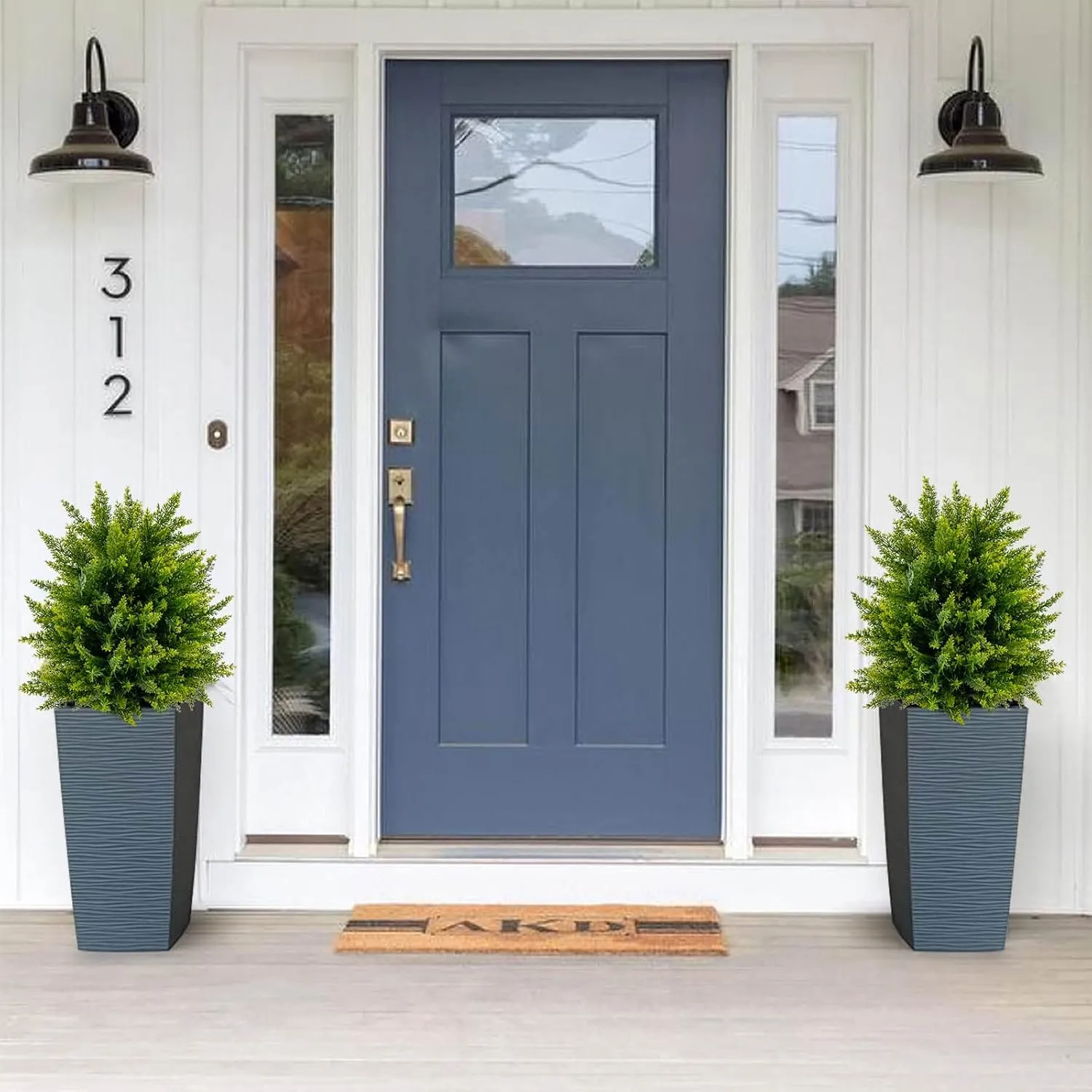 Goplus 21.5” Artificial Cedar Topiary Ball Tree, Set of 2 Faux Potted Plants Artificial Shrubs Bushes with Cement Pot, Fake Evergreen Artificial Topiary for Indoor Outdoor Home Front Porch Decor