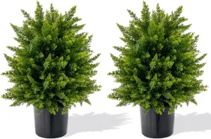 Goplus 21.5” Artificial Cedar Topiary Ball Tree, Set of 2 Faux Potted Plants Artificial Shrubs Bushes with Cement Pot, Fake Evergreen Artificial Topiary for Indoor Outdoor Home Front Porch Decor