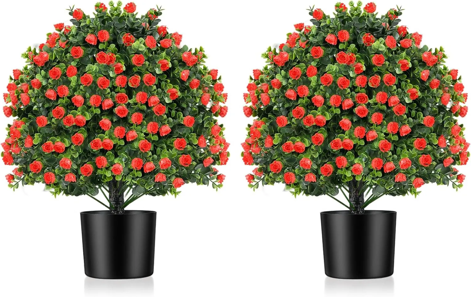 Goplus 21.5’’ Artificial Rose Topiary Ball Tree, Set of 2 Faux Potted Plants Artificial Shrubs Bushes with Flowers, Fake Evergreen Artificial Topiary for Indoor Outdoor Home Front Porch Decor