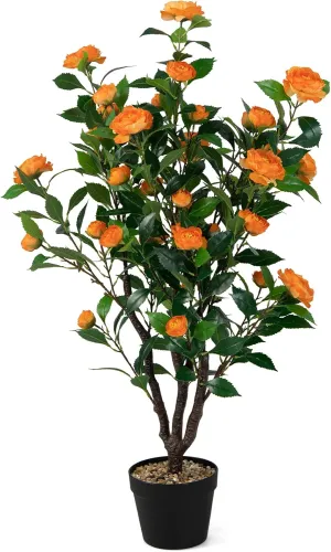 Goplus 40” Artificial Camellia Tree, Flower Plants Artificial Tree, Faux Floral Plant Blooming Tree in Cement Pot, Greenery Potted Plant for Indoor Outdoor Office Home Porch Decor, Free Maintenance