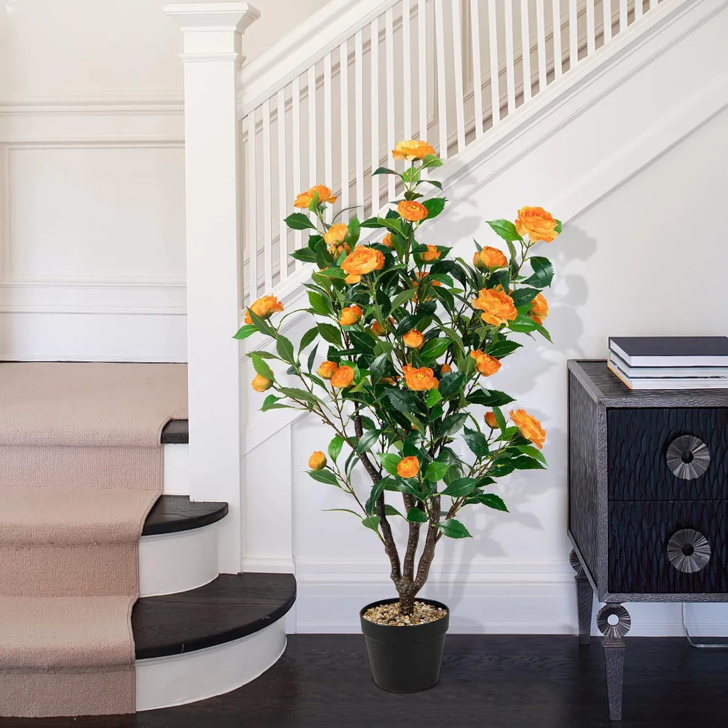 Goplus 40” Artificial Camellia Tree, Flower Plants Artificial Tree, Faux Floral Plant Blooming Tree in Cement Pot, Greenery Potted Plant for Indoor Outdoor Office Home Porch Decor, Free Maintenance