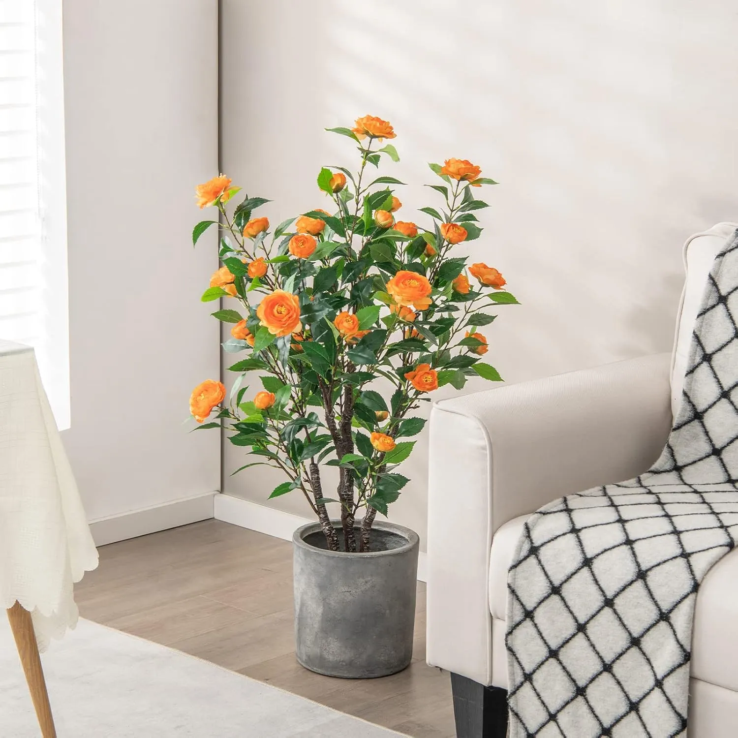 Goplus 40” Artificial Camellia Tree, Flower Plants Artificial Tree, Faux Floral Plant Blooming Tree in Cement Pot, Greenery Potted Plant for Indoor Outdoor Office Home Porch Decor, Free Maintenance
