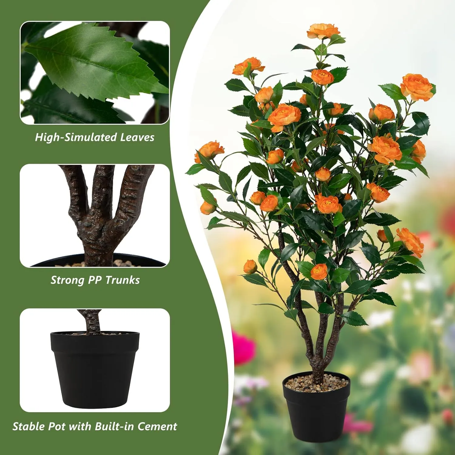 Goplus 40” Artificial Camellia Tree, Flower Plants Artificial Tree, Faux Floral Plant Blooming Tree in Cement Pot, Greenery Potted Plant for Indoor Outdoor Office Home Porch Decor, Free Maintenance