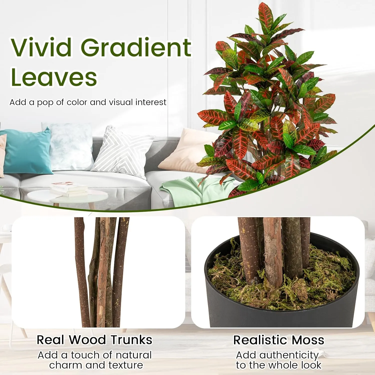 Goplus 5 FT Tall Artificial Croton Palm Tree, Lush Faux Tree in Pot with Gradient Leaves, Potted Fake Tree, Tropical Artificial Plants for Indoor, Home, Office, Living Room, Porch