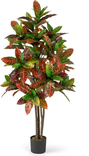 Goplus 5 FT Tall Artificial Croton Palm Tree, Lush Faux Tree in Pot with Gradient Leaves, Potted Fake Tree, Tropical Artificial Plants for Indoor, Home, Office, Living Room, Porch