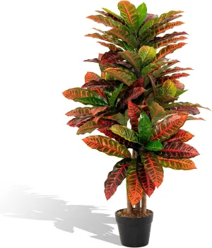 Goplus Artificial Croton Palm Tree, 40’’ Tall Lush Faux Tree in Pot for Home Decor Indoor with Colorful Variegated Leaves, Potted Fake Tree Artificial Plants for Office, Living Room, Porch