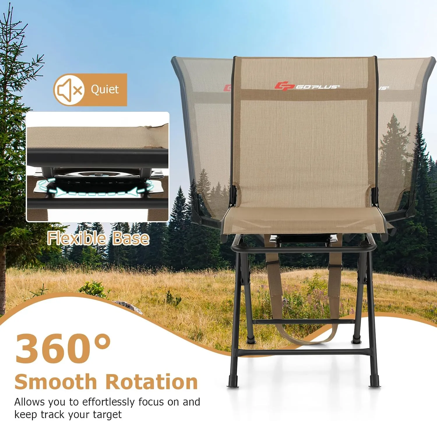 Goplus Hunting Chair, 360°Swivel Hunting Blind Chair with Carrying Strap,330LBS Capacity, Folding Silent Deer Hunting Chair, Portable Ground Blind Chair for Fishing Camping (Without Armrest, Brown)