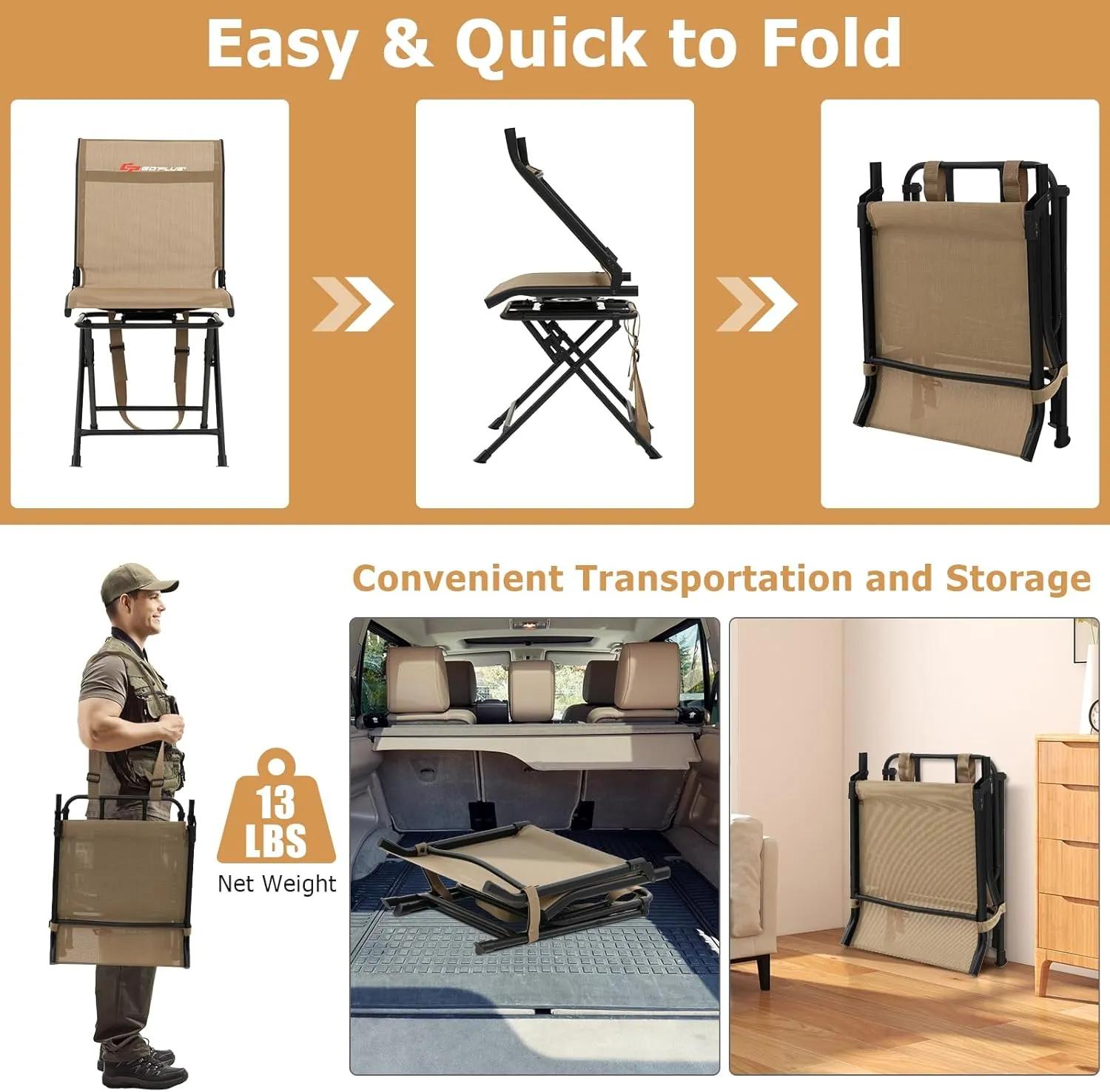 Goplus Hunting Chair, 360°Swivel Hunting Blind Chair with Carrying Strap,330LBS Capacity, Folding Silent Deer Hunting Chair, Portable Ground Blind Chair for Fishing Camping (Without Armrest, Brown)
