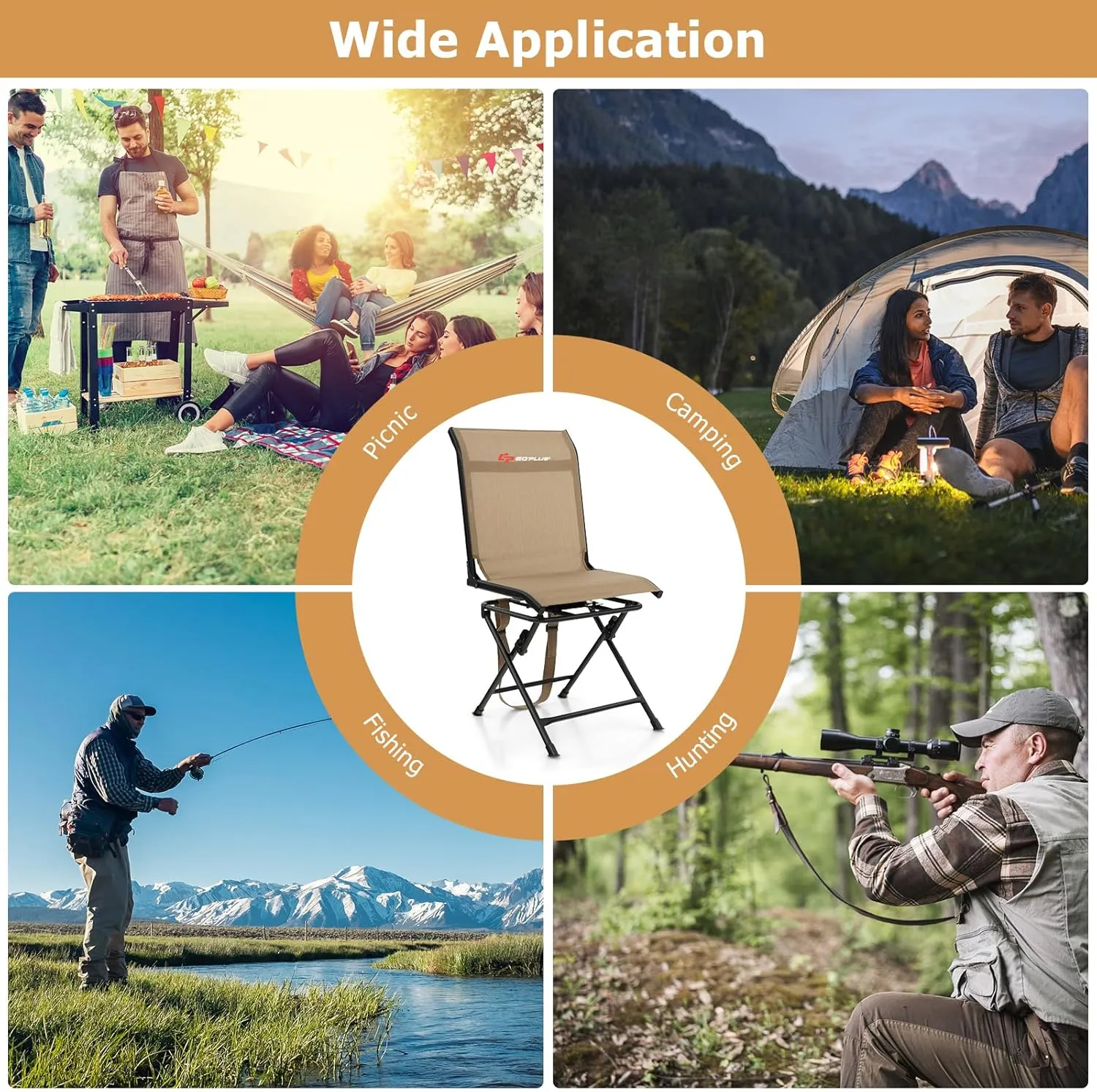 Goplus Hunting Chair, 360°Swivel Hunting Blind Chair with Carrying Strap,330LBS Capacity, Folding Silent Deer Hunting Chair, Portable Ground Blind Chair for Fishing Camping (Without Armrest, Brown)