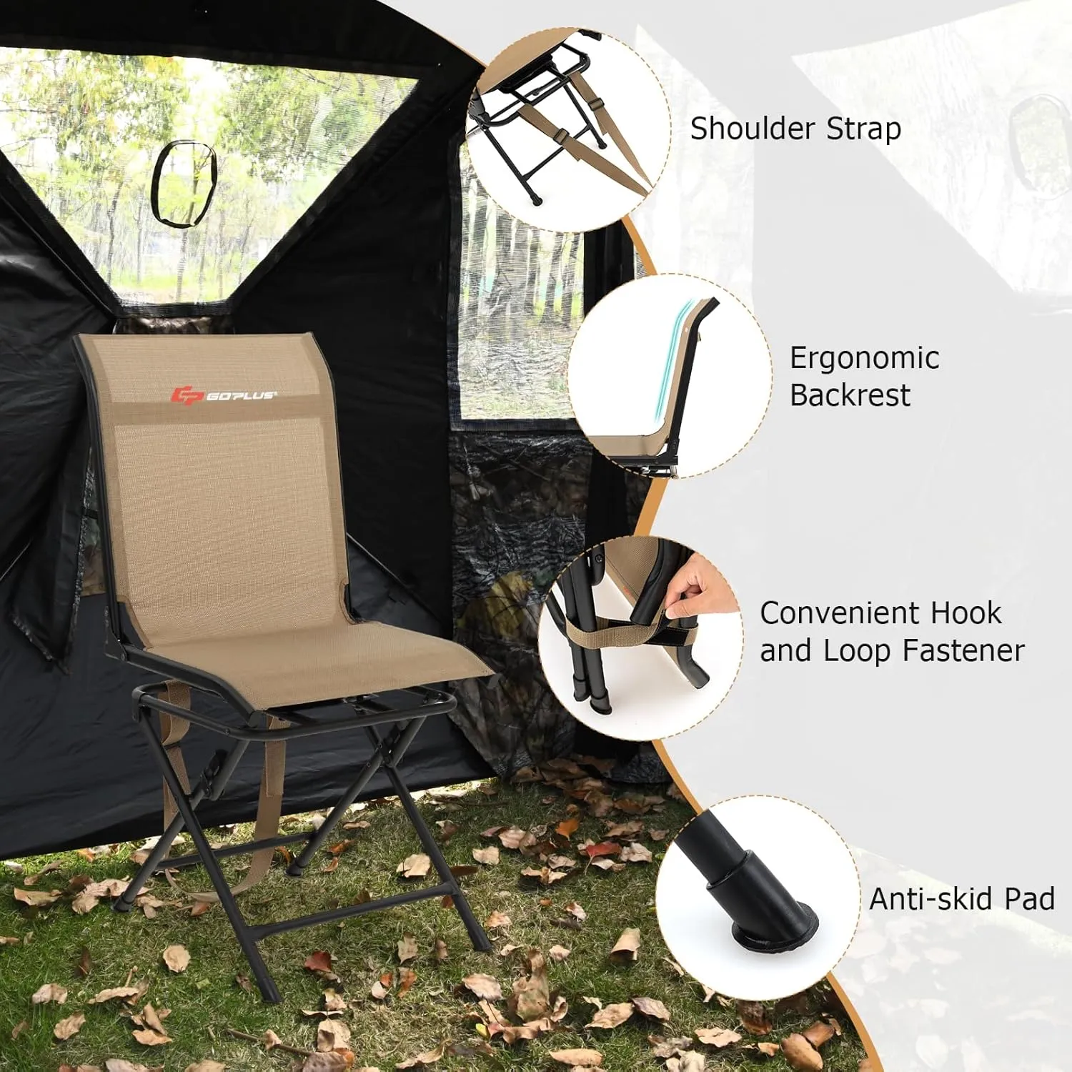 Goplus Hunting Chair, 360°Swivel Hunting Blind Chair with Carrying Strap,330LBS Capacity, Folding Silent Deer Hunting Chair, Portable Ground Blind Chair for Fishing Camping (Without Armrest, Brown)