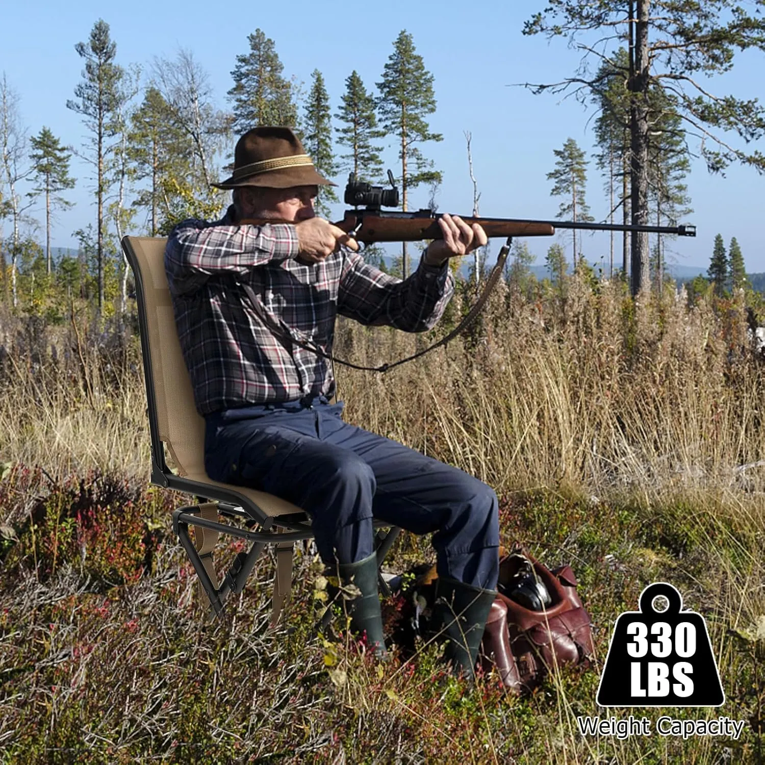 Goplus Hunting Chair, 360°Swivel Hunting Blind Chair with Carrying Strap,330LBS Capacity, Folding Silent Deer Hunting Chair, Portable Ground Blind Chair for Fishing Camping (Without Armrest, Brown)