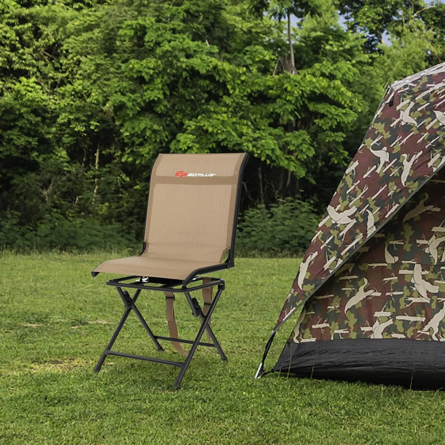 Goplus Hunting Chair, 360°Swivel Hunting Blind Chair with Carrying Strap,330LBS Capacity, Folding Silent Deer Hunting Chair, Portable Ground Blind Chair for Fishing Camping (Without Armrest, Brown)