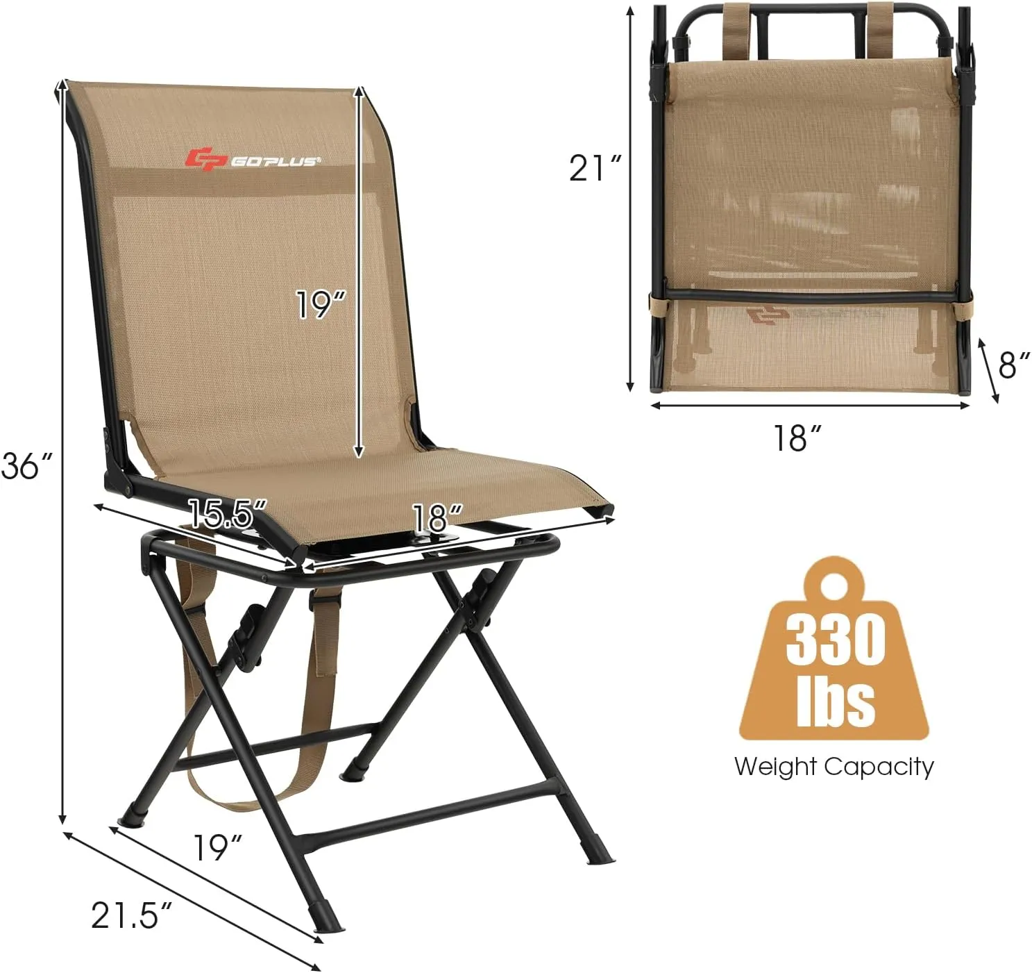 Goplus Hunting Chair, 360°Swivel Hunting Blind Chair with Carrying Strap,330LBS Capacity, Folding Silent Deer Hunting Chair, Portable Ground Blind Chair for Fishing Camping (Without Armrest, Brown)