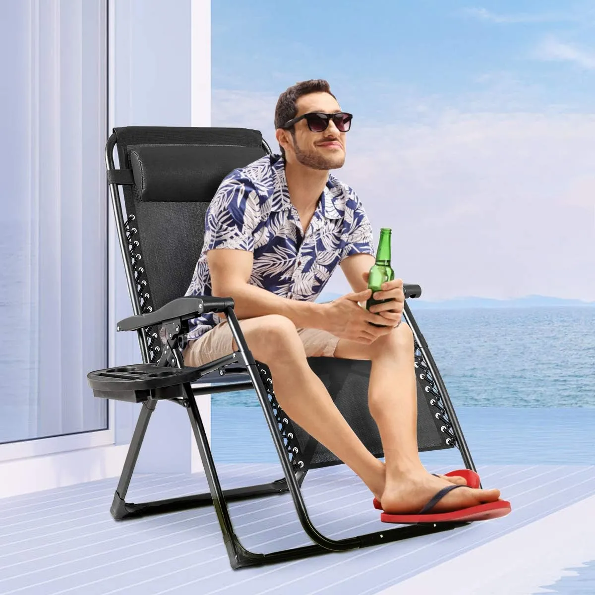 Goplus Oversized Zero Gravity Chair, XL-Extended Version, Outdoor Recliner w/Cup Holder & Detachable Headrest, Foldable Mesh Lounge Chairs for Patio Pool Porch & Deck, 500LBS (Black)