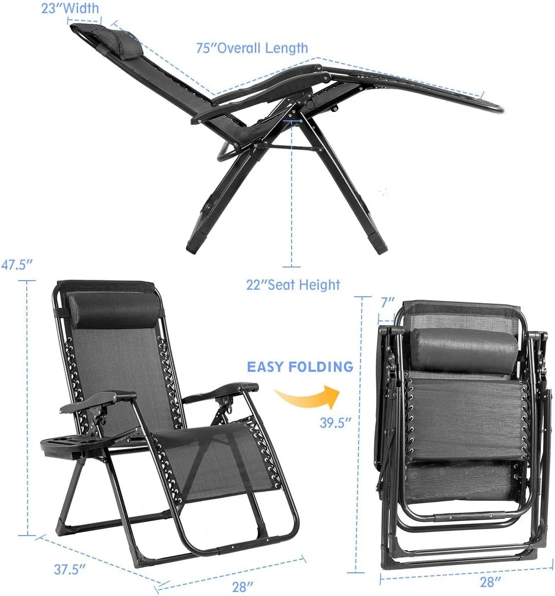 Goplus Oversized Zero Gravity Chair, XL-Extended Version, Outdoor Recliner w/Cup Holder & Detachable Headrest, Foldable Mesh Lounge Chairs for Patio Pool Porch & Deck, 500LBS (Black)