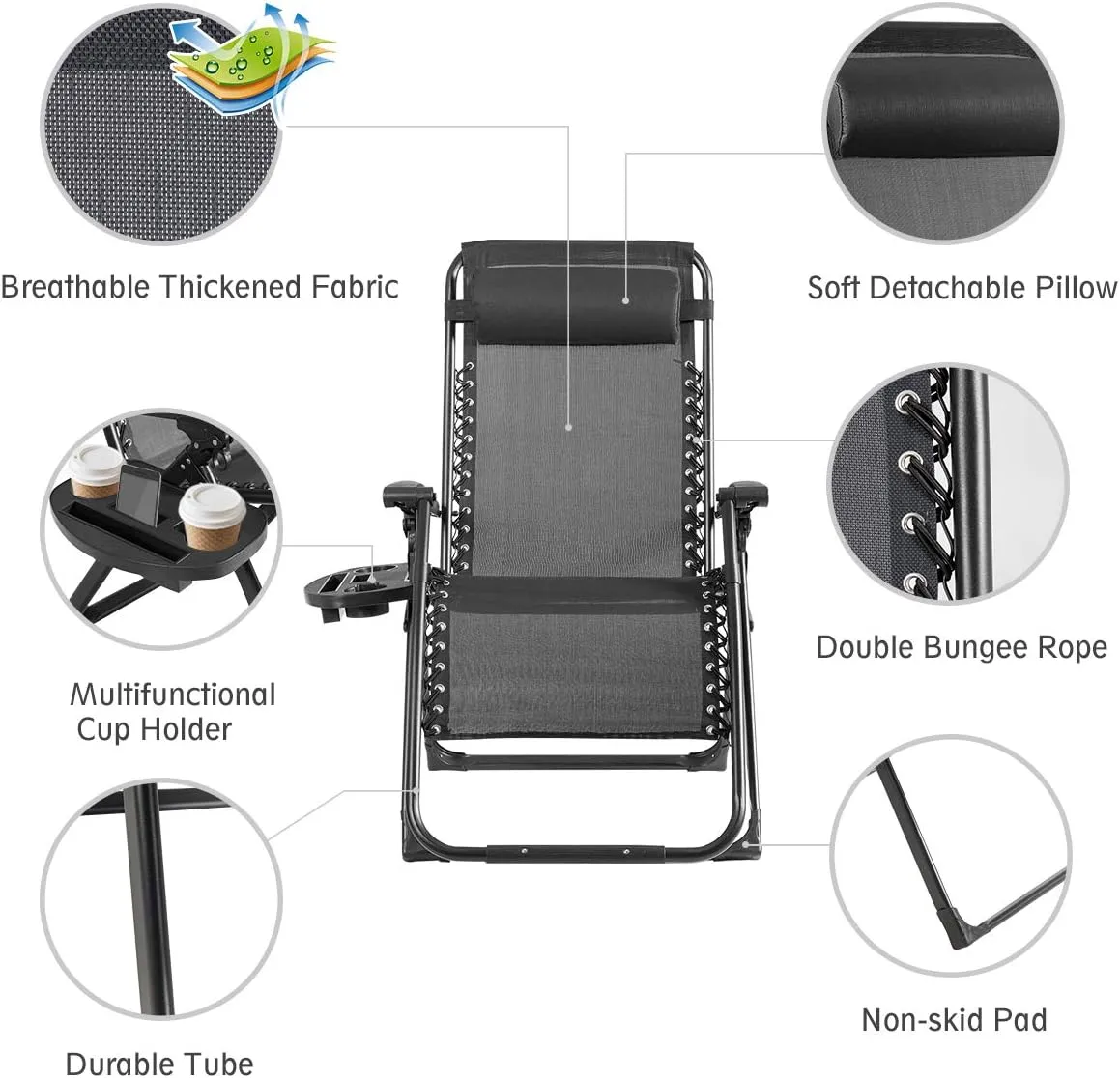 Goplus Oversized Zero Gravity Chair, XL-Extended Version, Outdoor Recliner w/Cup Holder & Detachable Headrest, Foldable Mesh Lounge Chairs for Patio Pool Porch & Deck, 500LBS (Set of 2, Black)
