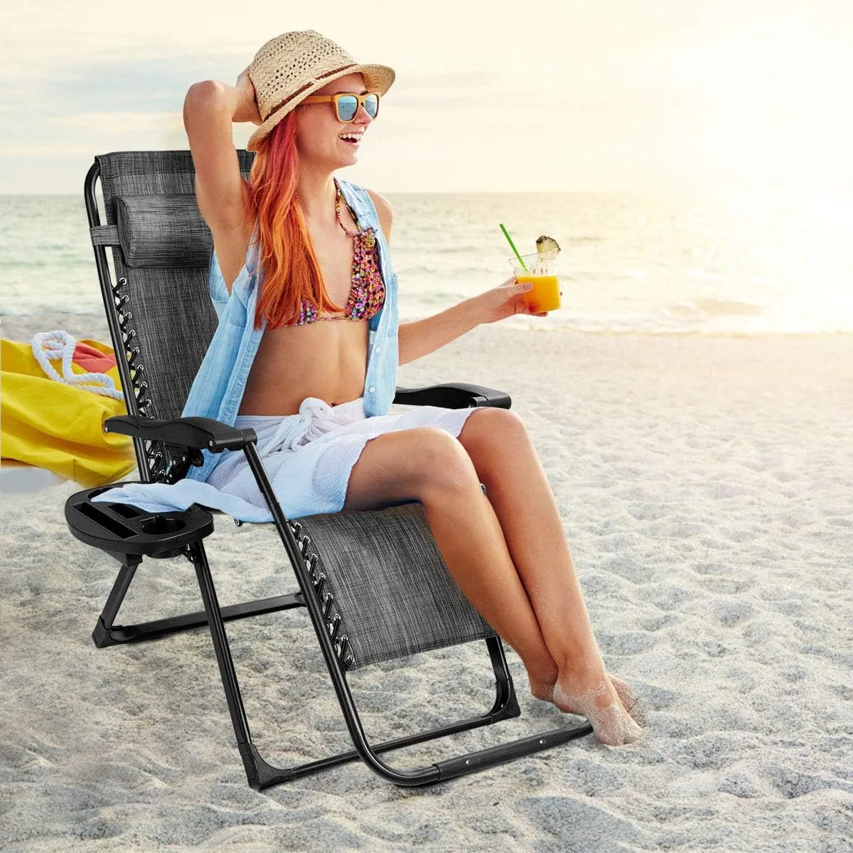Goplus Oversized Zero Gravity Chair, XL-Extended Version, Outdoor Recliner w/Cup Holder & Detachable Headrest, Foldable Mesh Lounge Chairs for Patio Pool Porch & Deck, 500LBS (Set of 2, Gray)