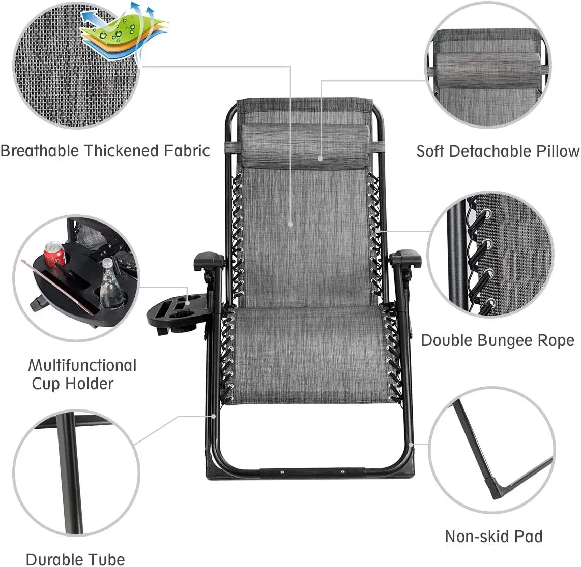 Goplus Oversized Zero Gravity Chair, XL-Extended Version, Outdoor Recliner w/Cup Holder & Detachable Headrest, Foldable Mesh Lounge Chairs for Patio Pool Porch & Deck, 500LBS (Set of 2, Gray)