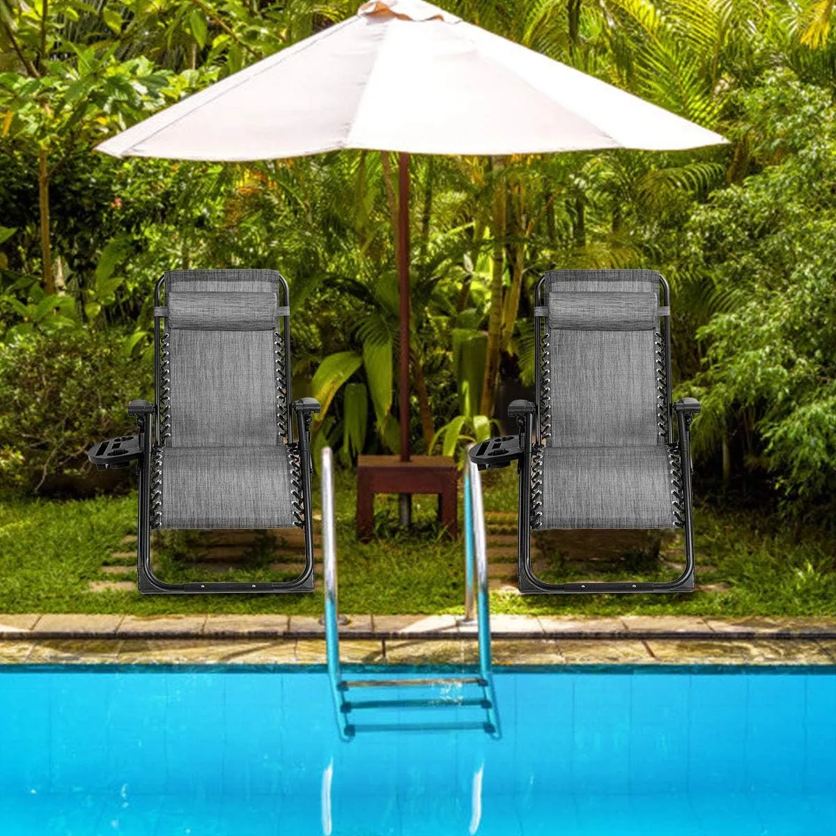 Goplus Oversized Zero Gravity Chair, XL-Extended Version, Outdoor Recliner w/Cup Holder & Detachable Headrest, Foldable Mesh Lounge Chairs for Patio Pool Porch & Deck, 500LBS (Set of 2, Gray)