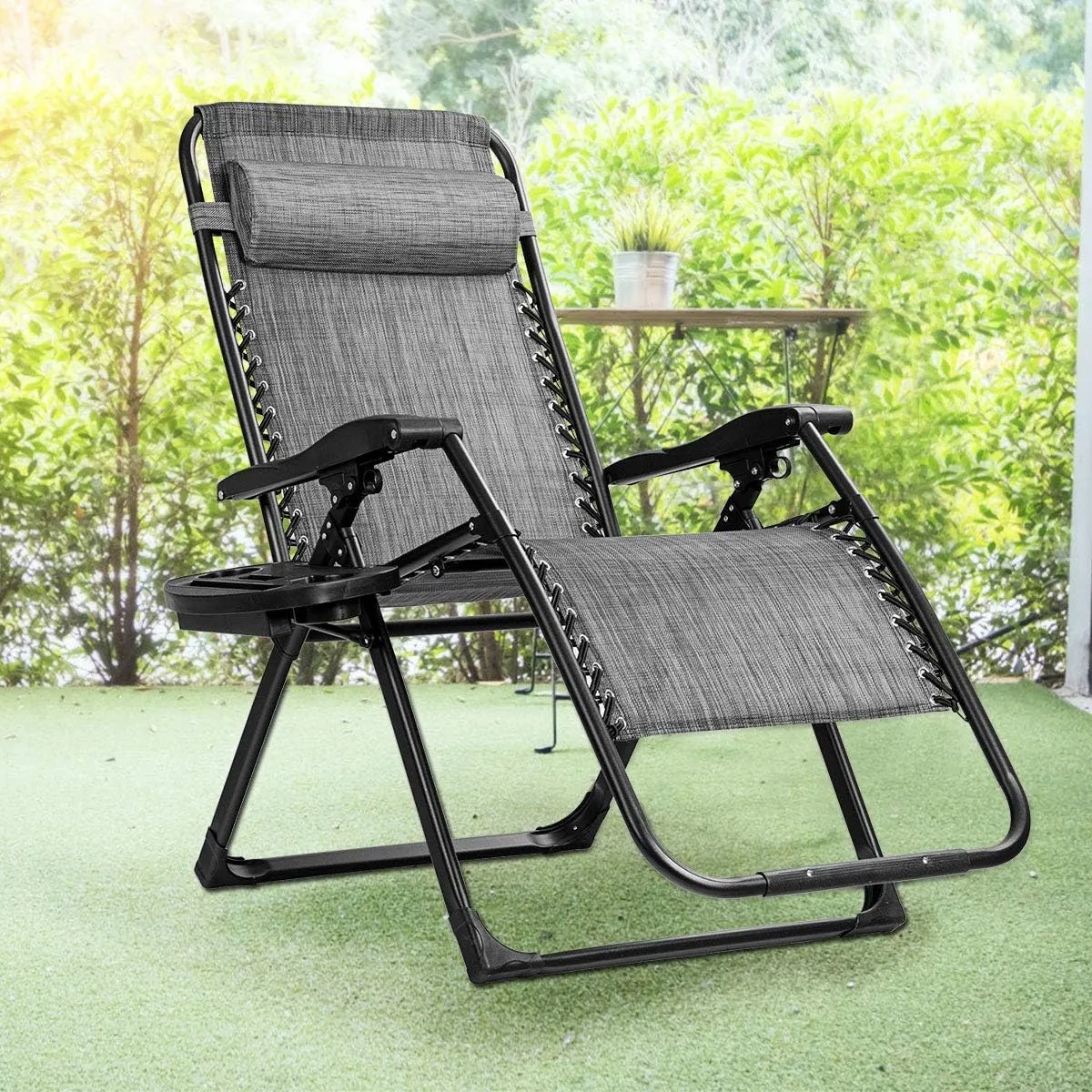 Goplus Oversized Zero Gravity Chair, XL-Extended Version, Outdoor Recliner w/Cup Holder & Detachable Headrest, Foldable Mesh Lounge Chairs for Patio Pool Porch & Deck, 500LBS (Set of 2, Gray)