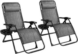 Goplus Oversized Zero Gravity Chair, XL-Extended Version, Outdoor Recliner w/Cup Holder & Detachable Headrest, Foldable Mesh Lounge Chairs for Patio Pool Porch & Deck, 500LBS (Set of 2, Gray)
