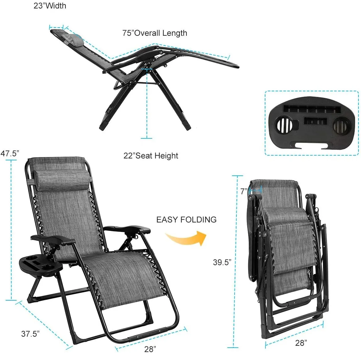 Goplus Oversized Zero Gravity Chair, XL-Extended Version, Outdoor Recliner w/Cup Holder & Detachable Headrest, Foldable Mesh Lounge Chairs for Patio Pool Porch & Deck, 500LBS (Set of 2, Gray)