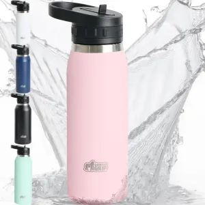 GORILLA GRIP Insulated Stainless Steel Water Bottle with Straw, Leak Proof BPA-Free Reusable Travel Bottles for Sports, School, Keep Drinks Cold, Dent Resistant Tumbler, Dishwasher Safe, 24 oz, Pink