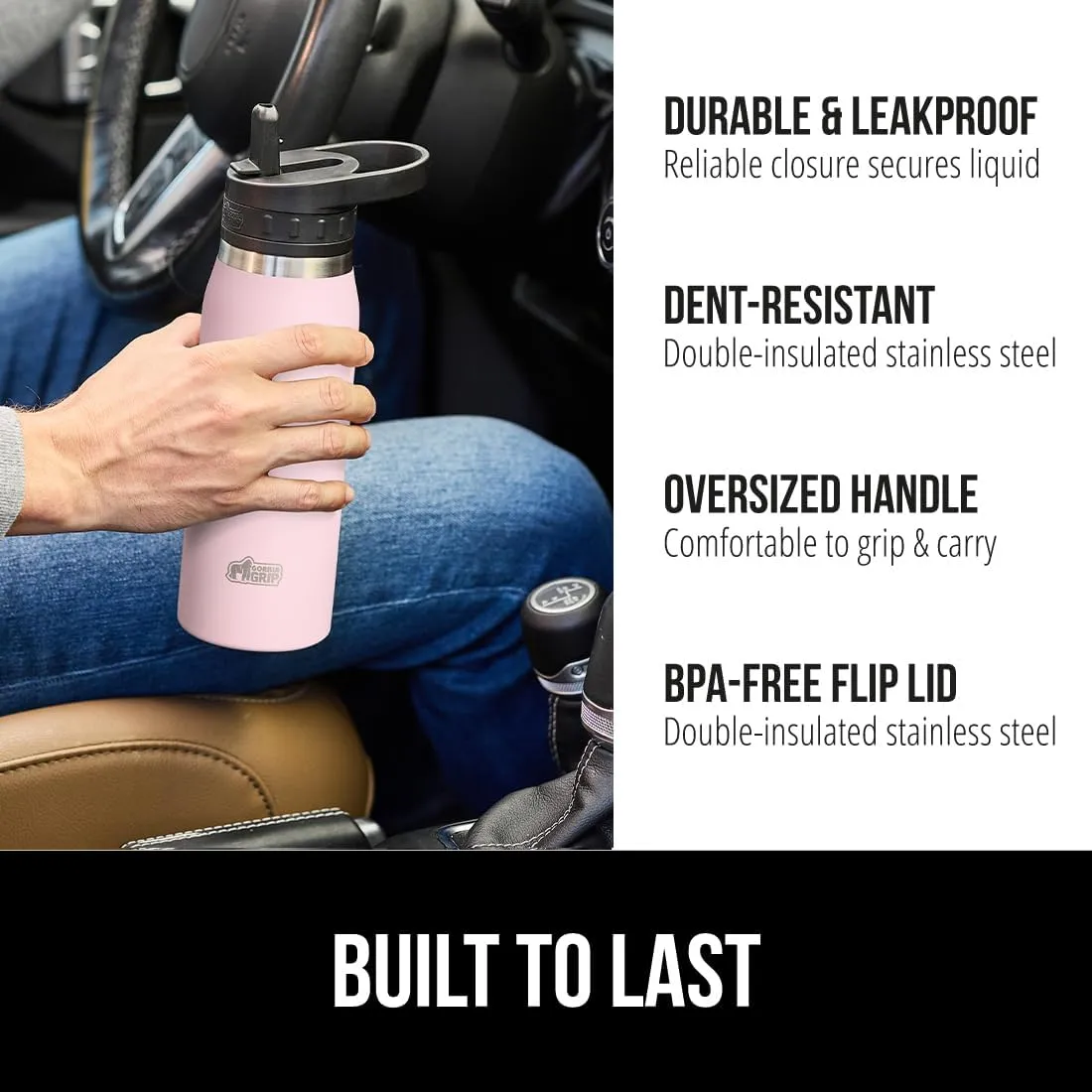 GORILLA GRIP Insulated Stainless Steel Water Bottle with Straw, Leak Proof BPA-Free Reusable Travel Bottles for Sports, School, Keep Drinks Cold, Dent Resistant Tumbler, Dishwasher Safe, 24 oz, Pink