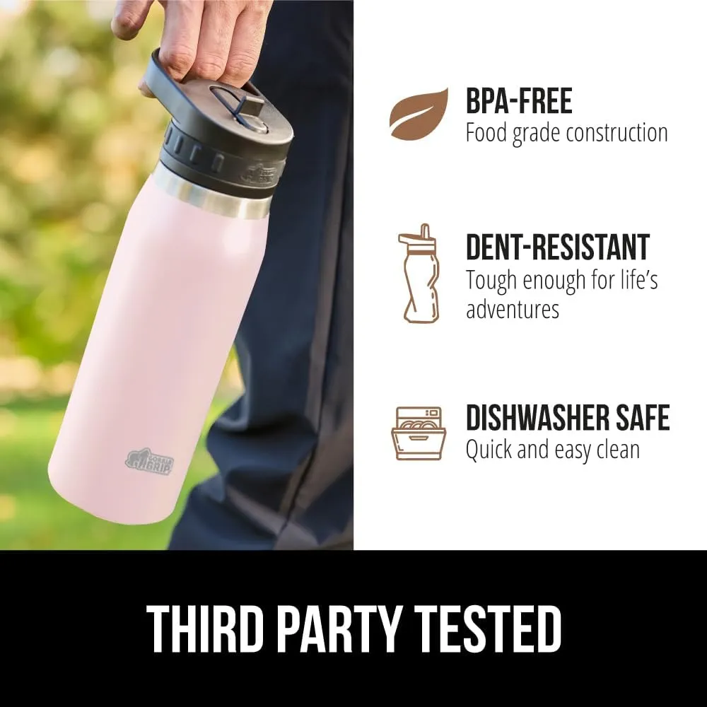 GORILLA GRIP Insulated Stainless Steel Water Bottle with Straw, Leak Proof BPA-Free Reusable Travel Bottles for Sports, School, Keep Drinks Cold, Dent Resistant Tumbler, Dishwasher Safe, 24 oz, Pink