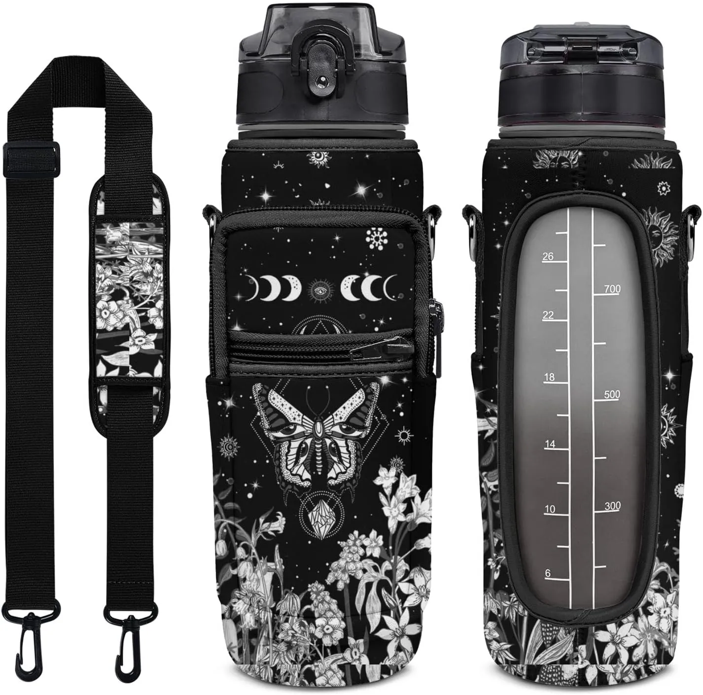 Goth Moon Half Gallon Water Bottle with Sleeve - Flip Top Bpa Free 32 OZ Leakproof Water Jug - Motivational Halloween Spooky Gift for Women