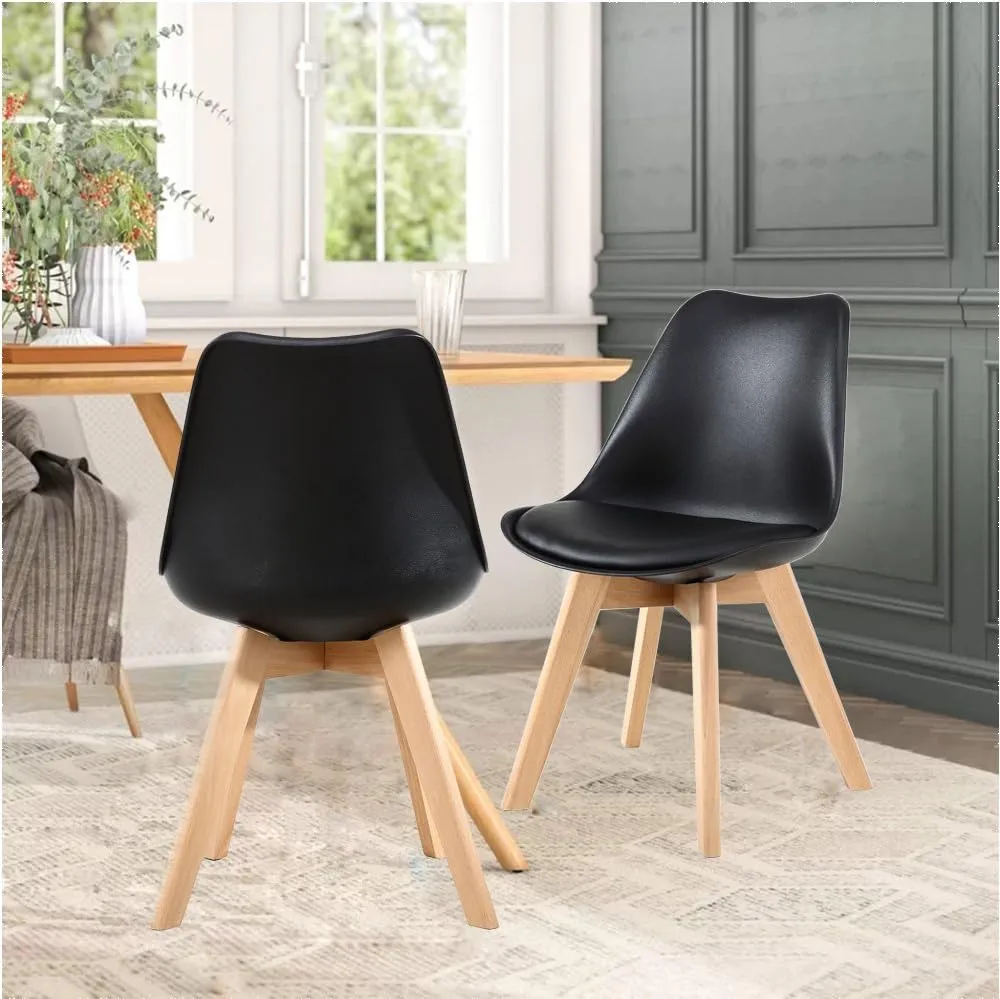 GOTMINSI Set of 2 Modern Style Chair Dining Chairs, Shell Lounge Plastic Chair with Natural Wood Legs (Black)
