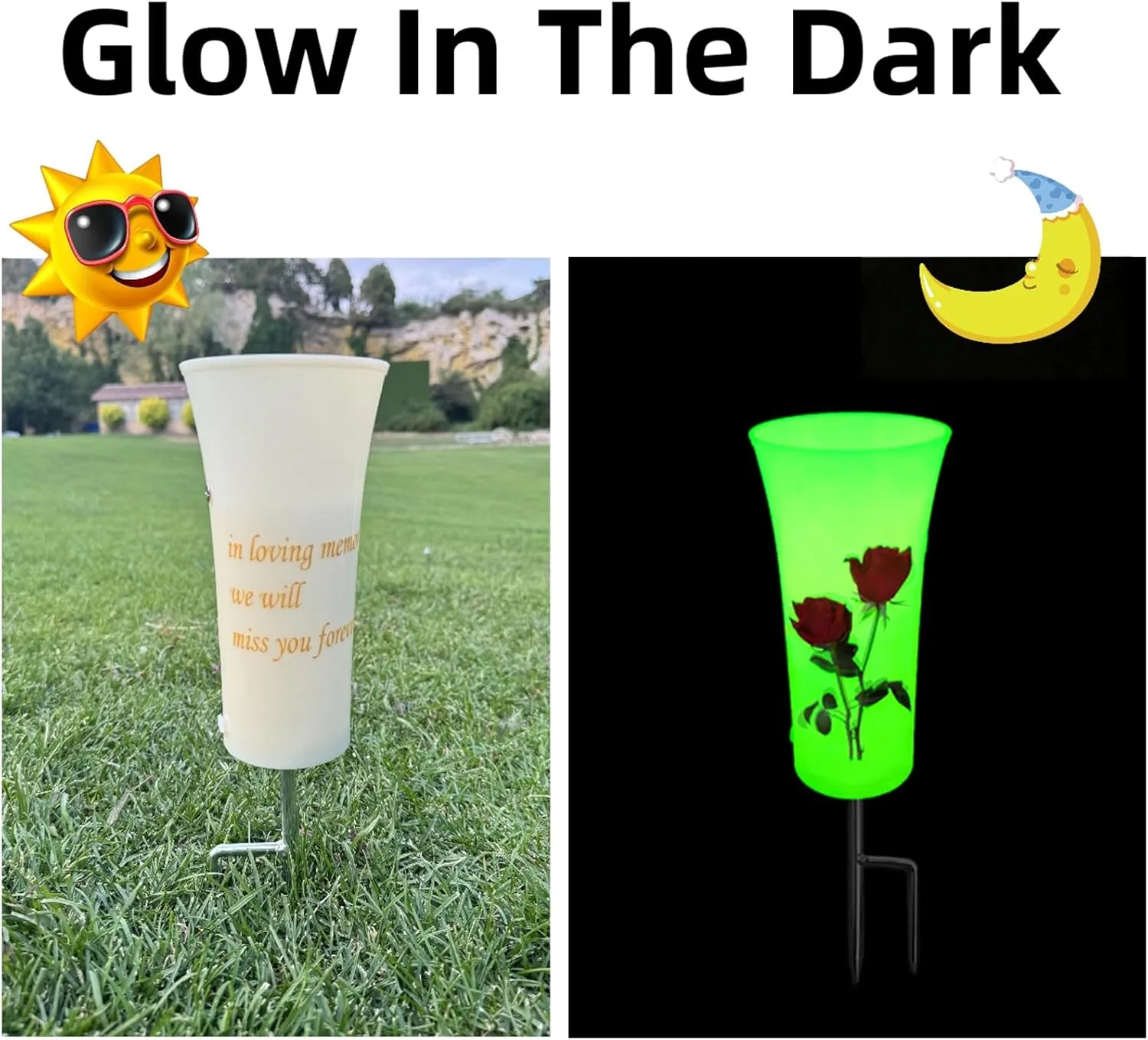 Grave Cemetery Vase, Glowing in The Dark, Gravestone Flower Arrangement Holder, Reusable Headstones Flower Pot, for Grave Site for Fresh/Artificial Flowers for Mother's Day, Memorial Day