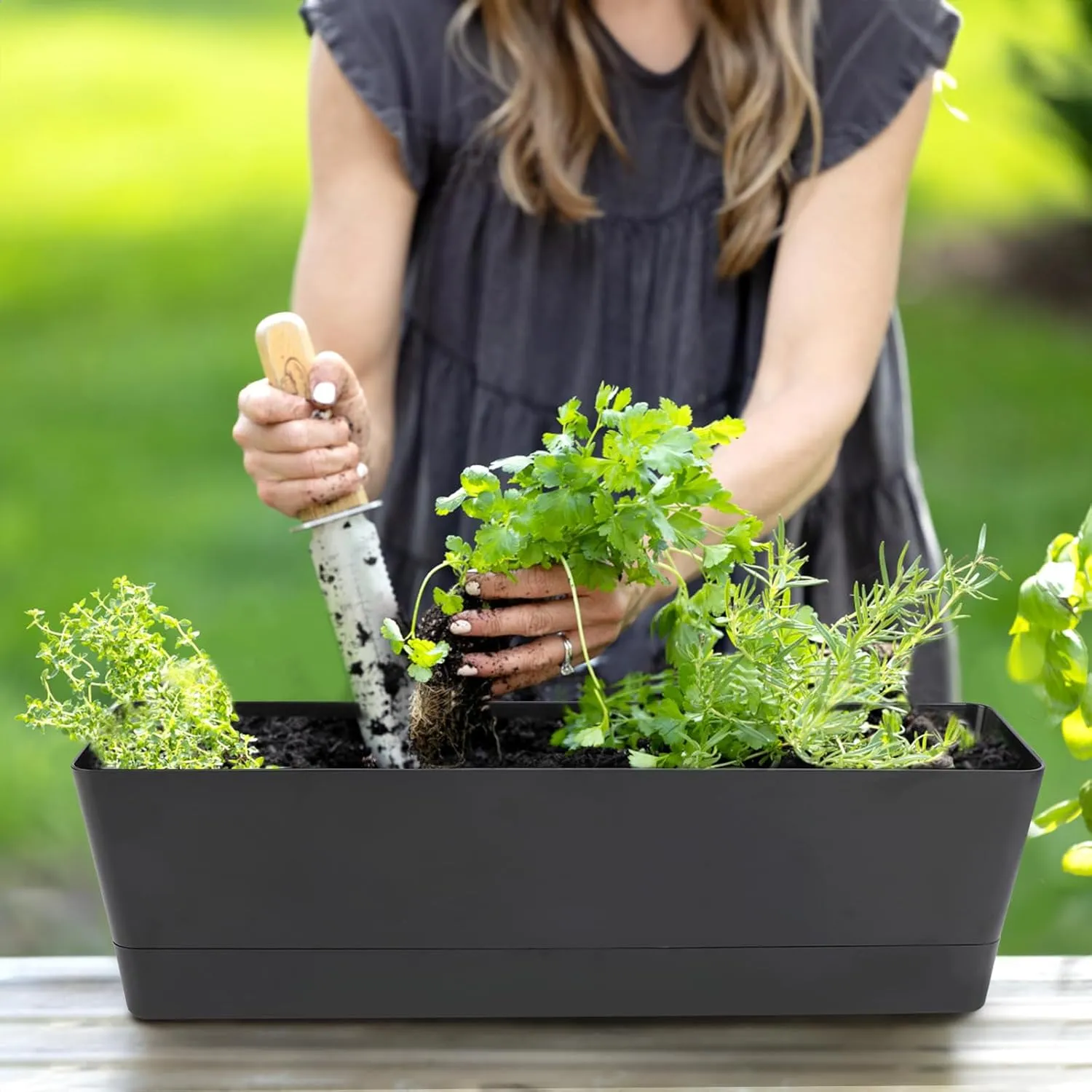 GREANER Window Boxes Planters, 3PCS 16x3.8 Inch Black Rectangle Planters Box with Drainage Holes and Trays, Herb Succulents Flowers Plastic Pot for Windowsill, Garden, Balcony, Indoor, Outdoor Decor